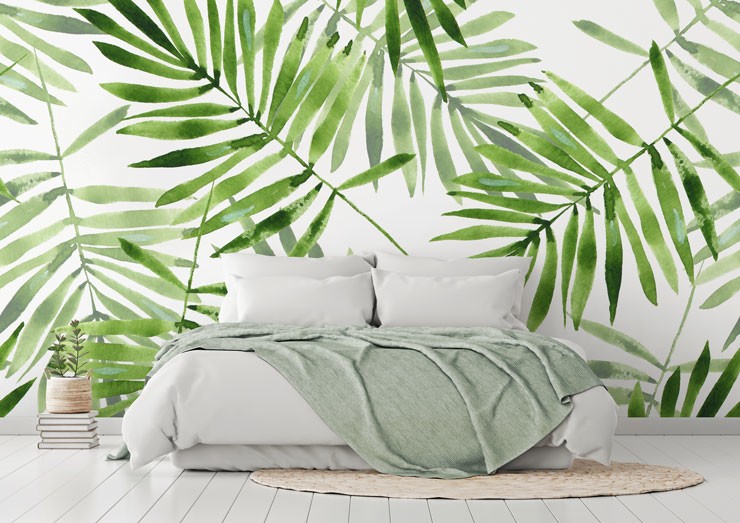 green palm wallpaper in off white boho bedroom