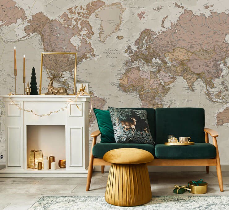 old fashioned map wallpaper in chic christmas guest bedroom