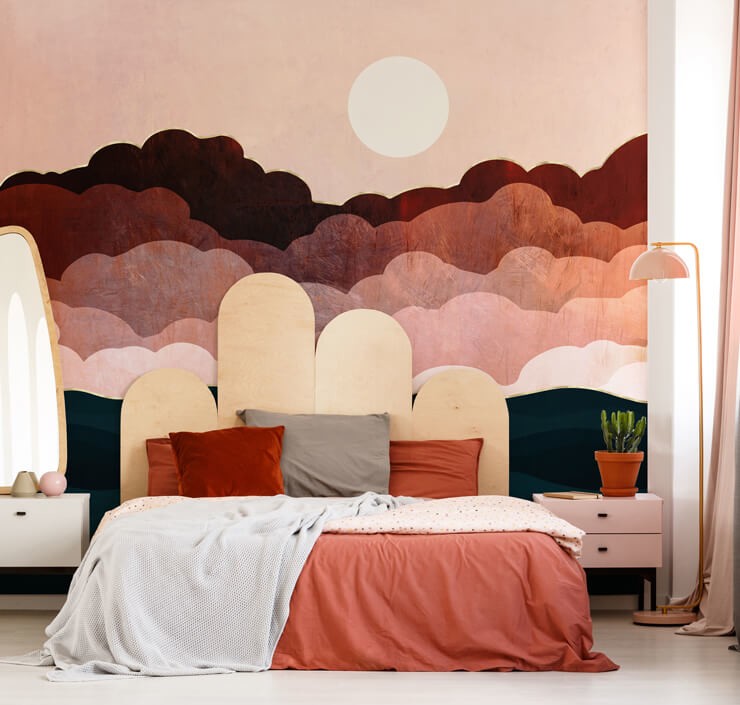 red and orange abstract wallpaper in master bedroom