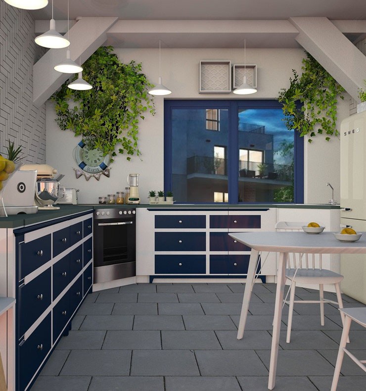 blue and white coloured modern kitchen with green hanging plants