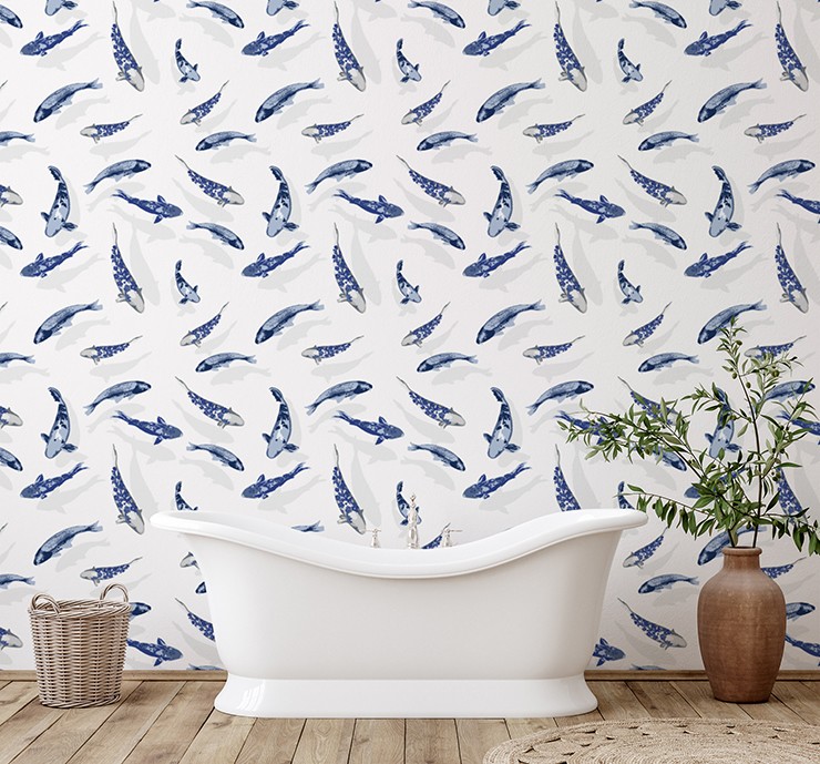 blue and white koi fish wallpaper in minimalist bathroom