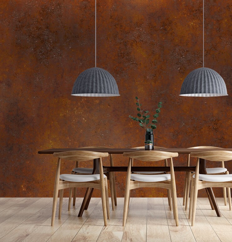 orange rust wallpaper in wooden and grey dining room