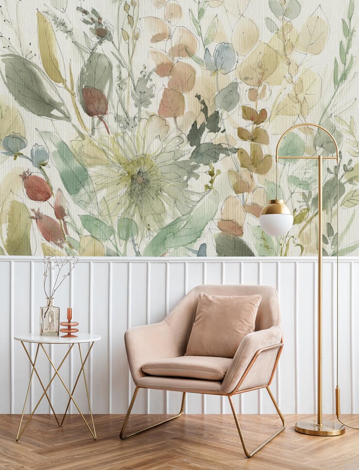Muted floral wallpaper in stylish room