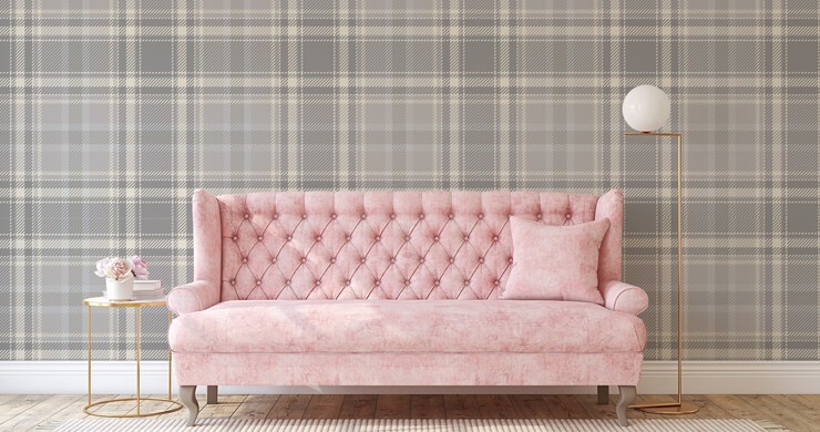 grey patterned tartan wallpaper in pink lounge