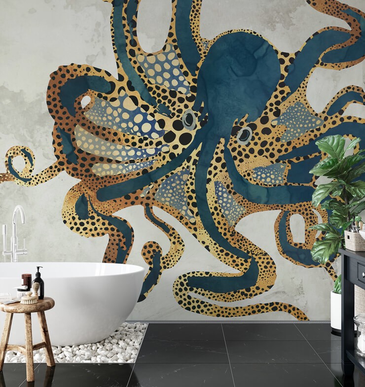 octopus in teal and gold tones with white bath and tropical plants