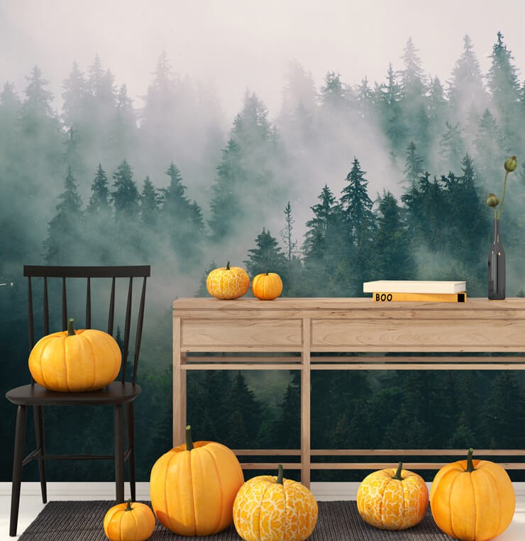 halloween decor ideas misty wallpaper in living room with pumpkins