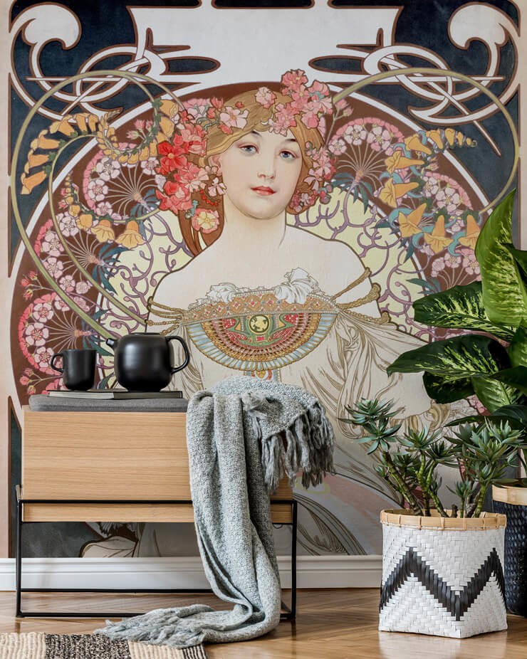 vintage woman illustration wall mural in hallway
