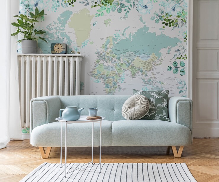 duck egg blue world map and florals wallpaper in pretty lounge