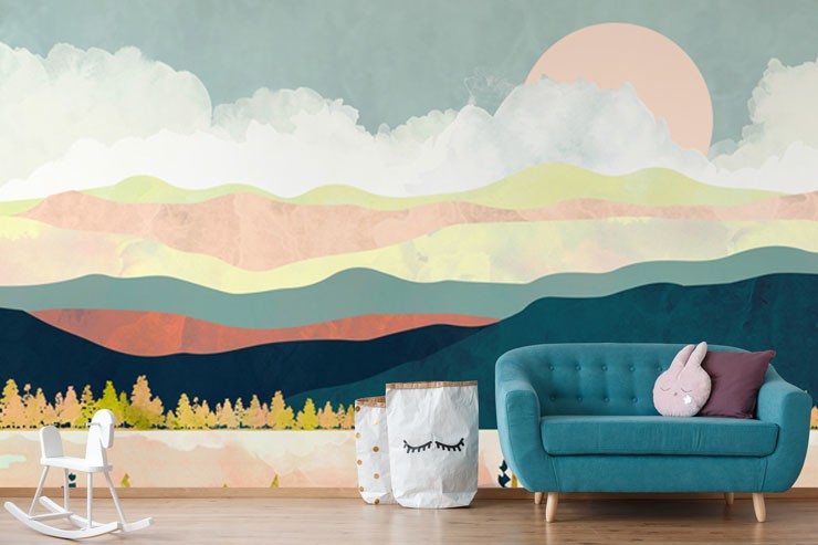 abstract mountain scene in pastel tones wallpaper in child's bedroom