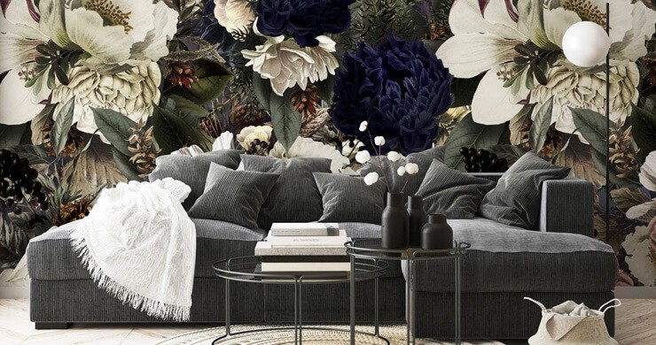 maximalist design dark navy floral wall mural in grey living room