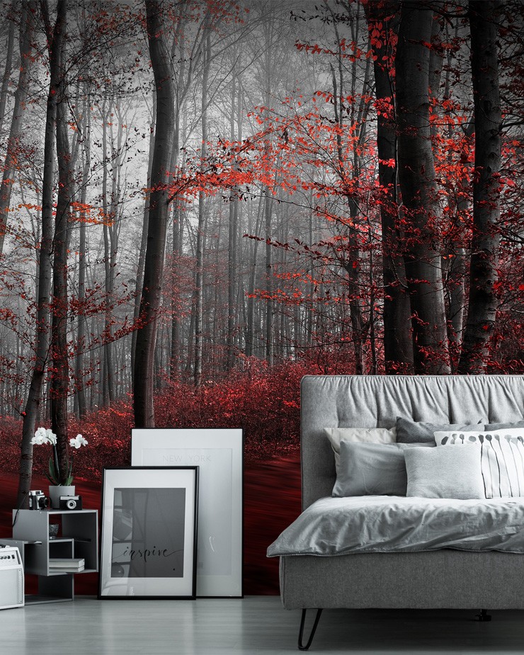 red-forest-wallpaper-in-bedroom