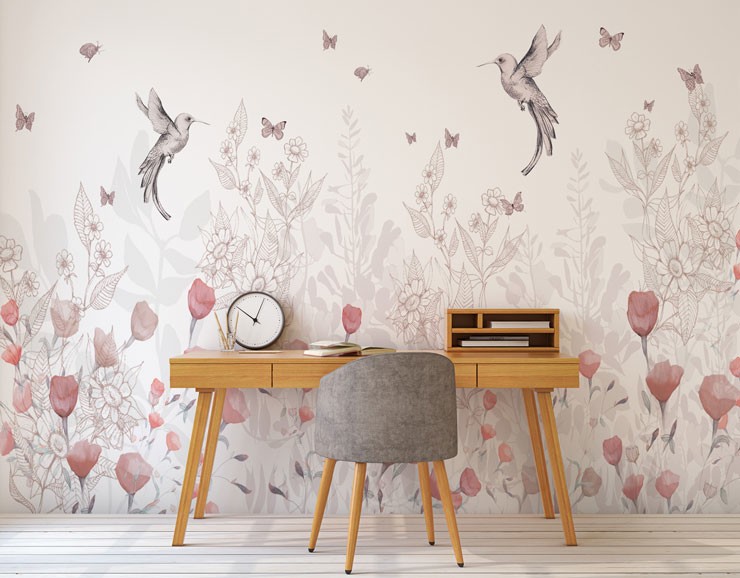 hummingbird and pink flowers on pale pink background wallpaper in trendy home office
