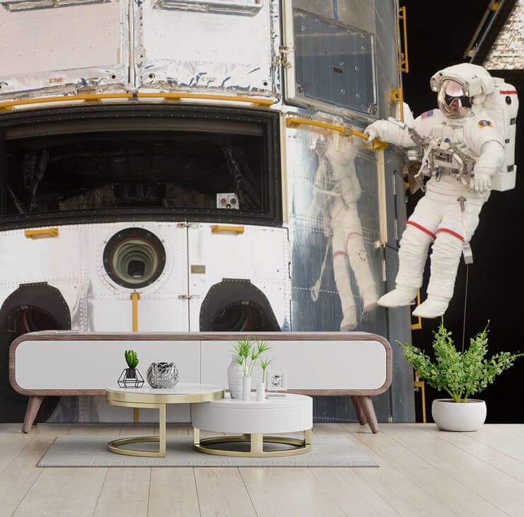 astronaut by hubble wallpaper in living area with console table