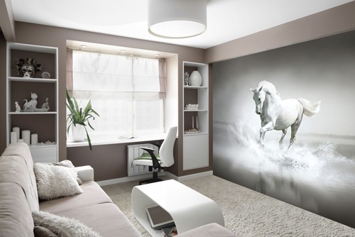 black and white horse wallpaper in cosy lounge