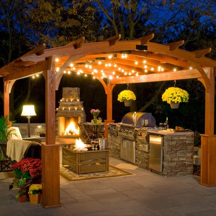 outdoor kitchen with lights