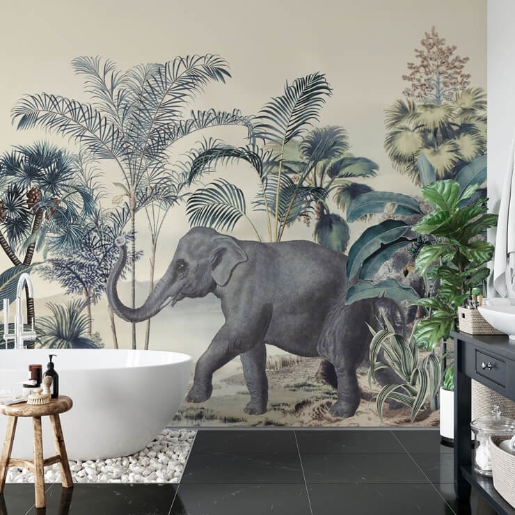 elephant and tropical jungle wallpaper in minimalist bathroom