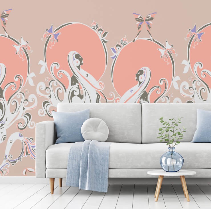 pink and purple mermaid wallpaper in lounge