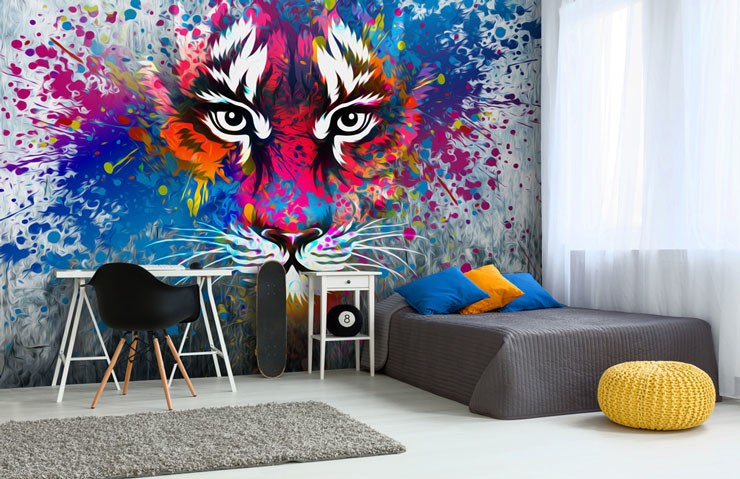 tiger graffiti on wall behind bed in teenager trendy bedroom