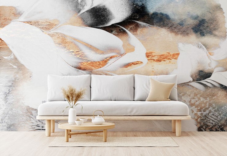 off-white, gold and grey abstract wallpaper in white lounge