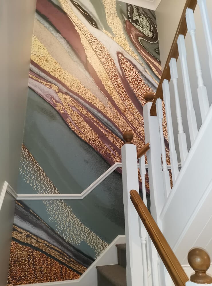 metallic coloured agate wallpaper on white staircase