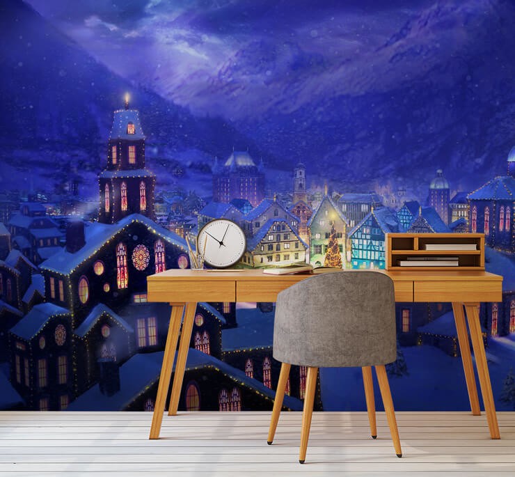 christmas town at night wallpaper in trendy office