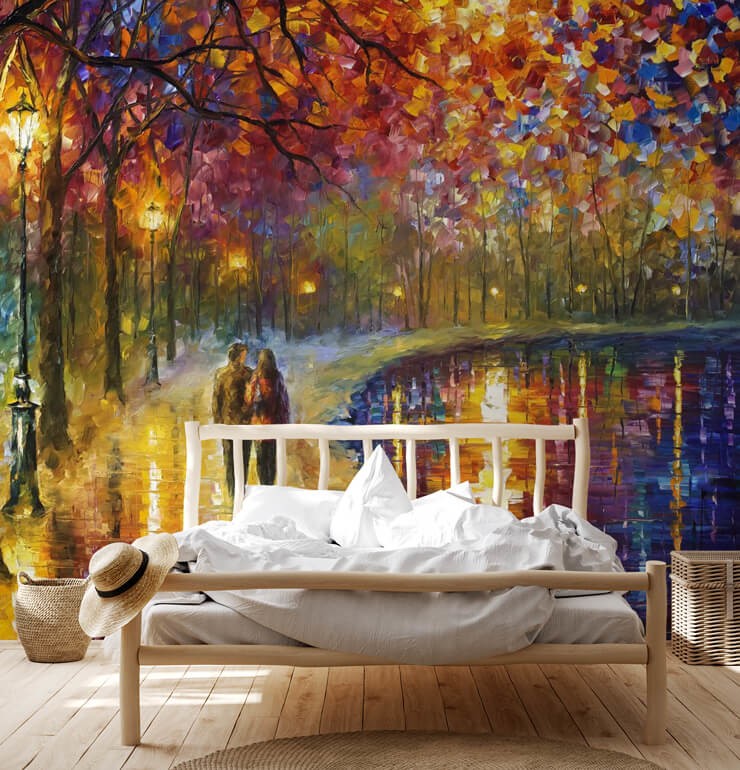 Leonid Afremov's painting of couple by lake in simple bedroom