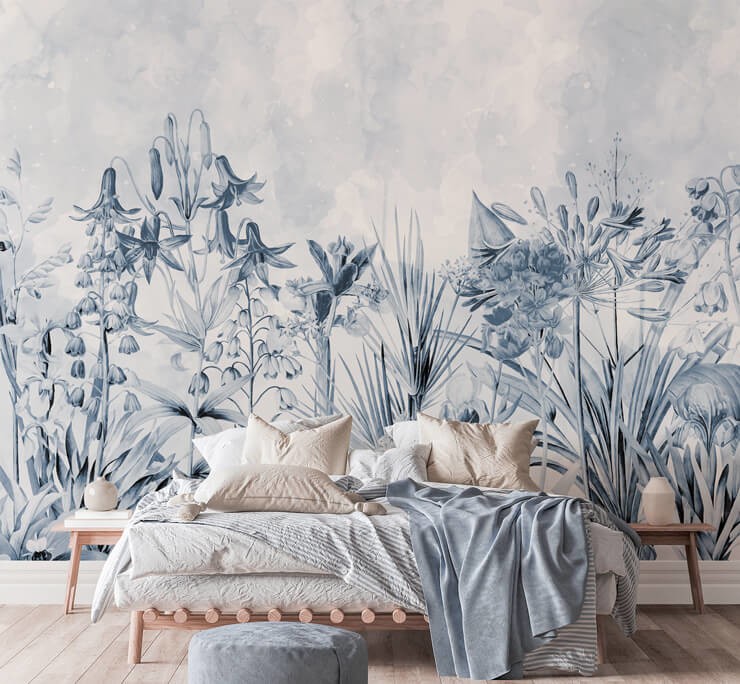 floral blue wallpaper in blue colour therapy styled bedroom