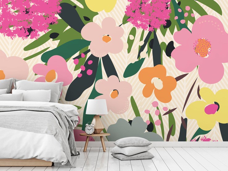 Bold floral patterned wallpaper in bedroom by Neelam Kaur