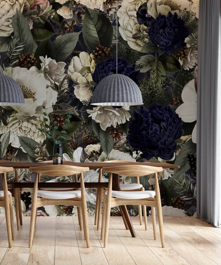 dark blue floral wallpaper in dining room