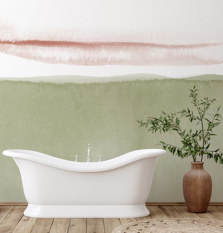 olive green and pink abstract wallpaper in bathroom