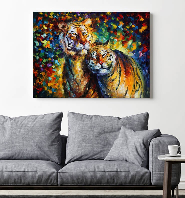 painting of two tigers cuddling metal print in grey lounge