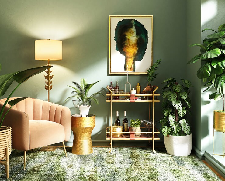 interior design trends 2022 sage green walls and carpet with pink chair in fashionable lounge