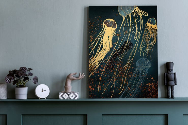 Dark green unit with black home accessories and a jellyfish art print