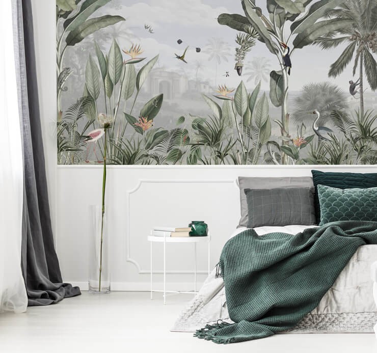 tropical jungle sage green wallpaper in stylish bedroom