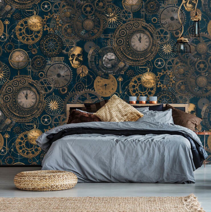 Navy and gold wallpaper with a dark, gothic steampunk design with cogs and skulls