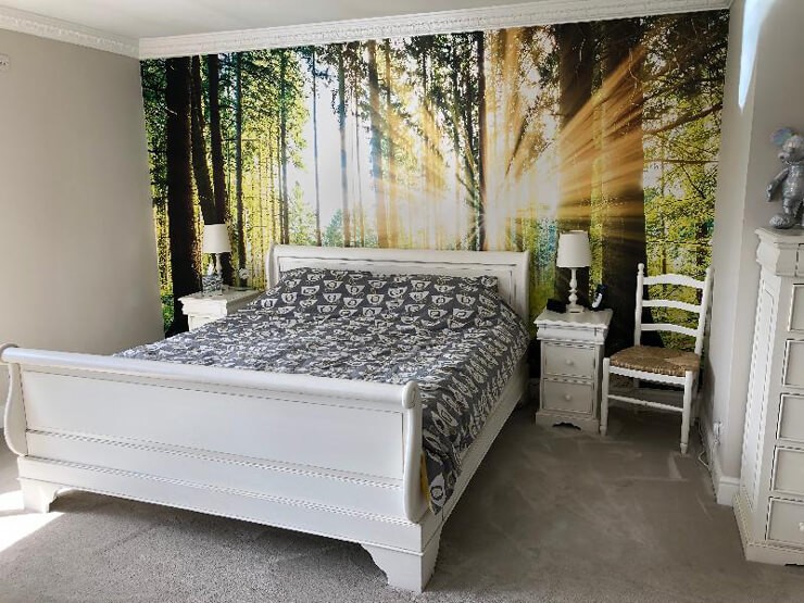sun frenched forest wallpaper in calm bedroom