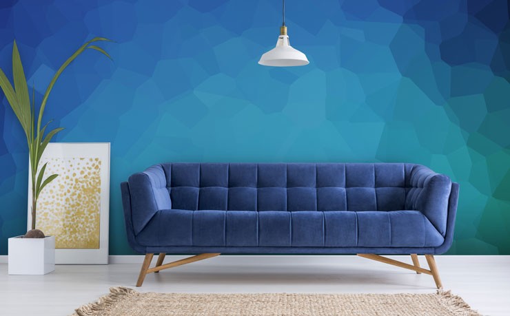 blue abstract wall art wallpaper in blue themed lounge