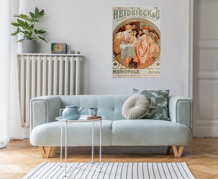 early 20th century advertisement metal poster in light blue and white room