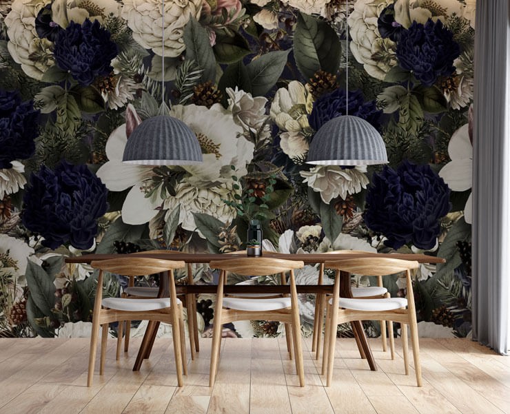 navy and white flower wallpaper in stylish dining room