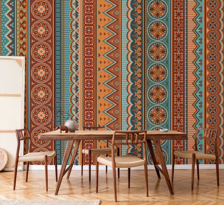 blue, orange and terracotta tribal wallpaper in dining room
