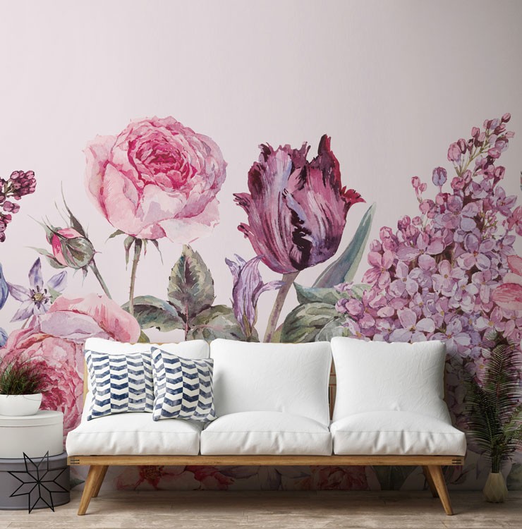 pastel purple and pink meadow flowers growing from floor wallpaper in trendy lounge