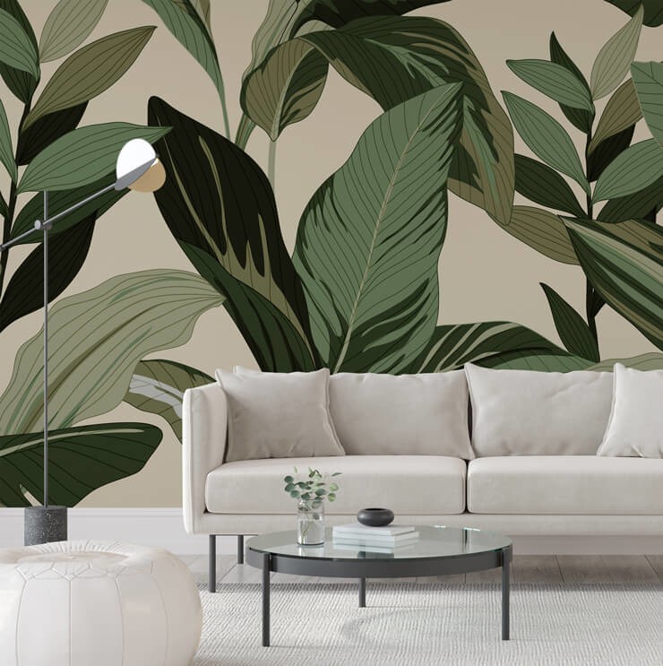 green leaf wallpaper in grey living room