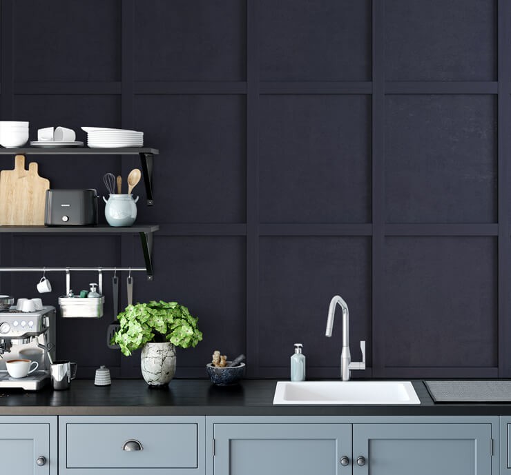 dark navy panelled wallpaper in trendy kitchen