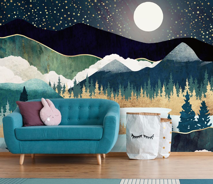 mixed marble and blue abstract mountain wall mural in child's bedroom