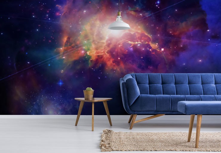 rainbow nebula in navy space sky in trendy blue lounge