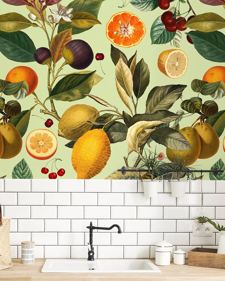 fruity wall mural over counter tops in kitchen