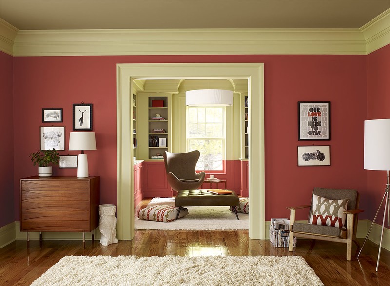 red and grey living area with red walls