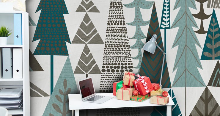 Christmas storage hacks in a home office with an abstract scandi Christmas wallpaper with a white desk and Christmas presents