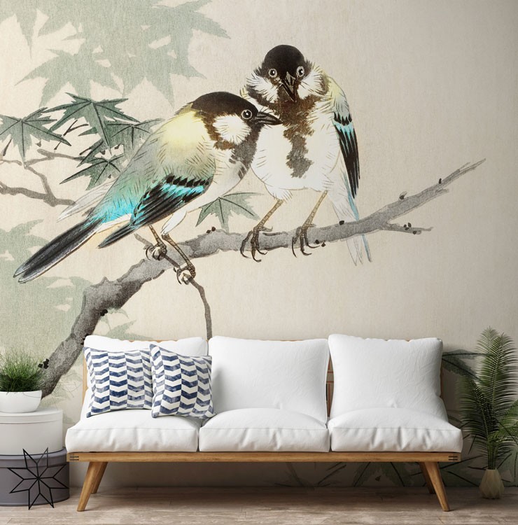 turquoise great tits on branch on white background in scandi living room