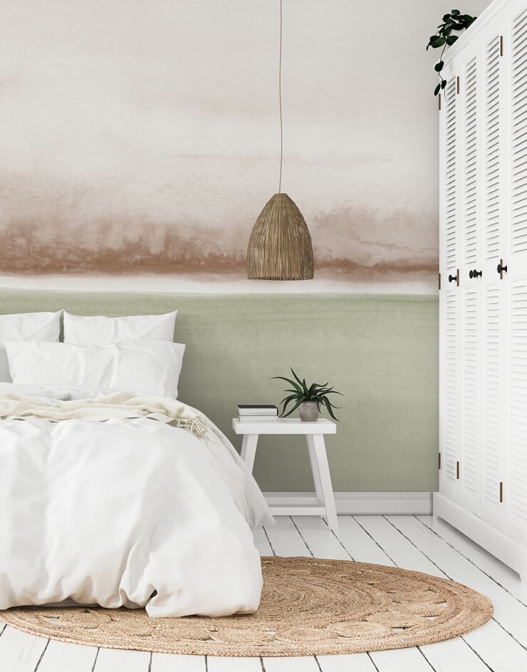 sage green watercolourful wallpaper in white bedroom